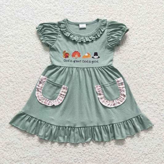 GSD0481 Turkey Thanksgiving Green Pocket Girls Flutter Sleeve Dresses