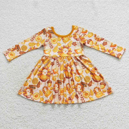 GLD0344 Turkey Thanksgiving Pumpkin Girls Flutter Sleeve Dresses