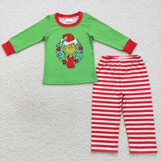 BLP0289 Christmas Red Green Cartoon  Boys Long Sleeve Pants Outfits