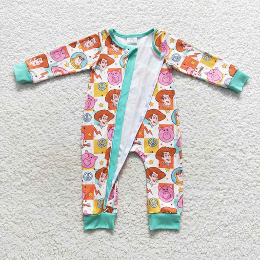 LR0558 Green Pink Pg Toy Cartoon  Zipper Girls Long Sleeve Romper