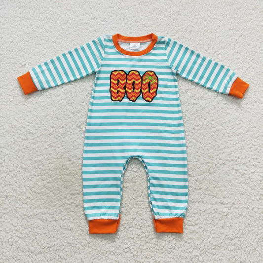 LR0620 Halloween Pumpkin Orange Blue Boo Embroidery Girls Long Sleeve Romper