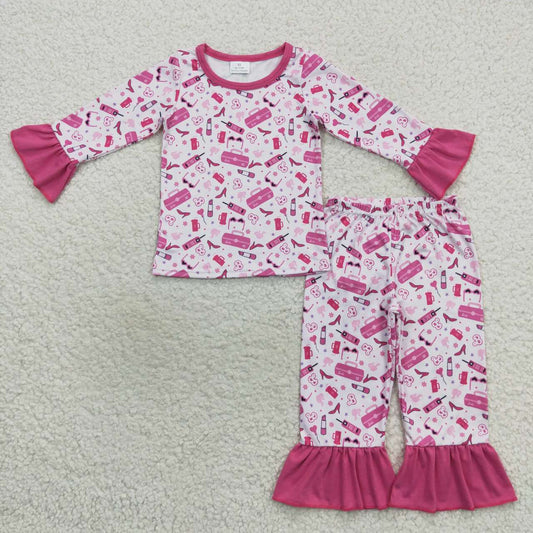 GLP0701  Pink B CartoonGirls Long Sleeve Pajamas