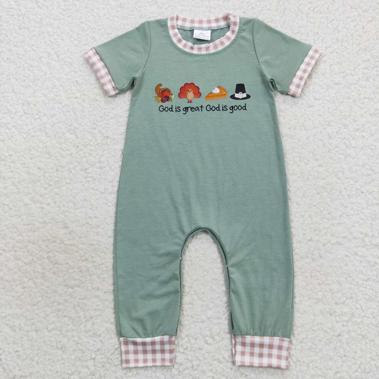 SR0439 Turkey Thanksgiving Green  Boys Short Sleeve Romper