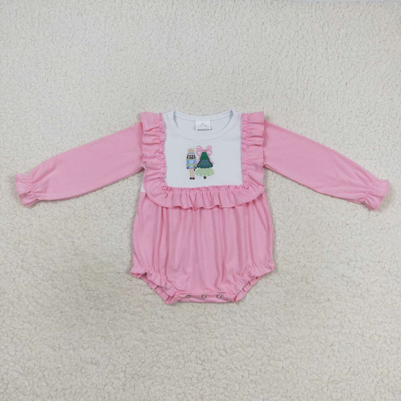 LR0480 Christmas Pink Tree  Embroidery Girls Long Sleeve Romper