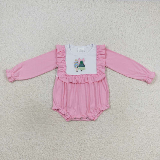 LR0480 Christmas Pink Tree  Embroidery Girls Long Sleeve Romper