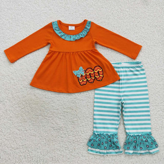 GLP0721 Halloween Green Orange Boo  Embroidery Girls Long Sleeve Pants Outfits