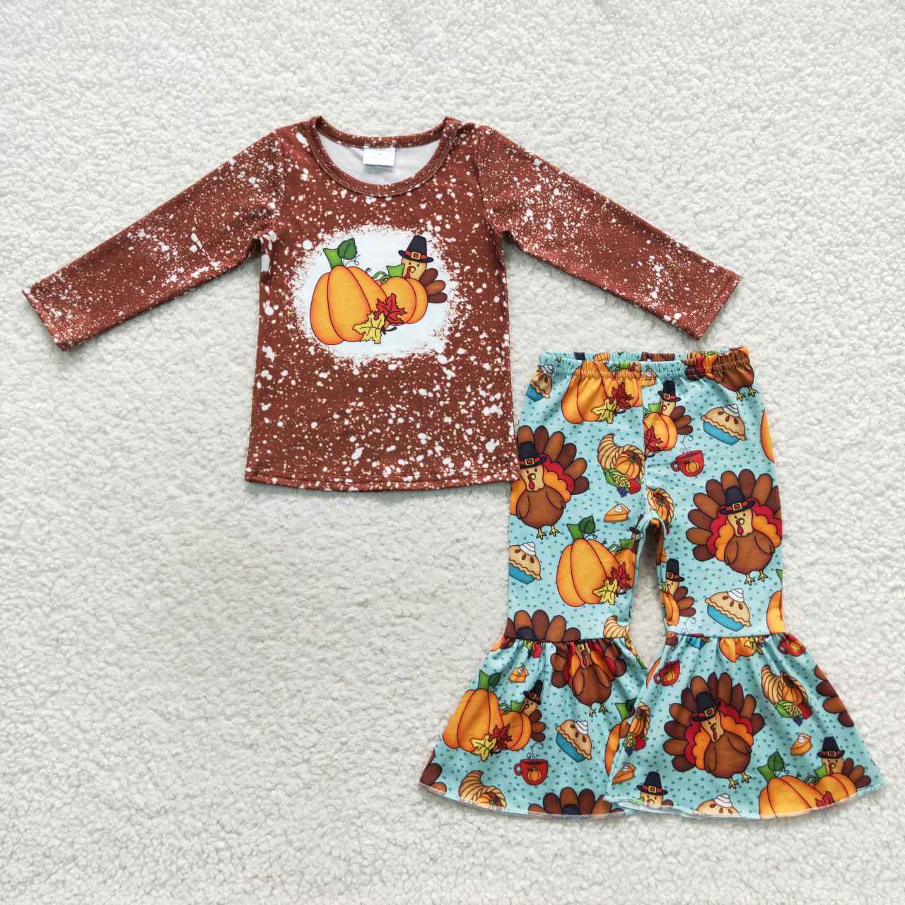 GLP0683 Thanksgiving Turkey Pumpkin Green Brown Girls Long Sleeve Pants Outfits