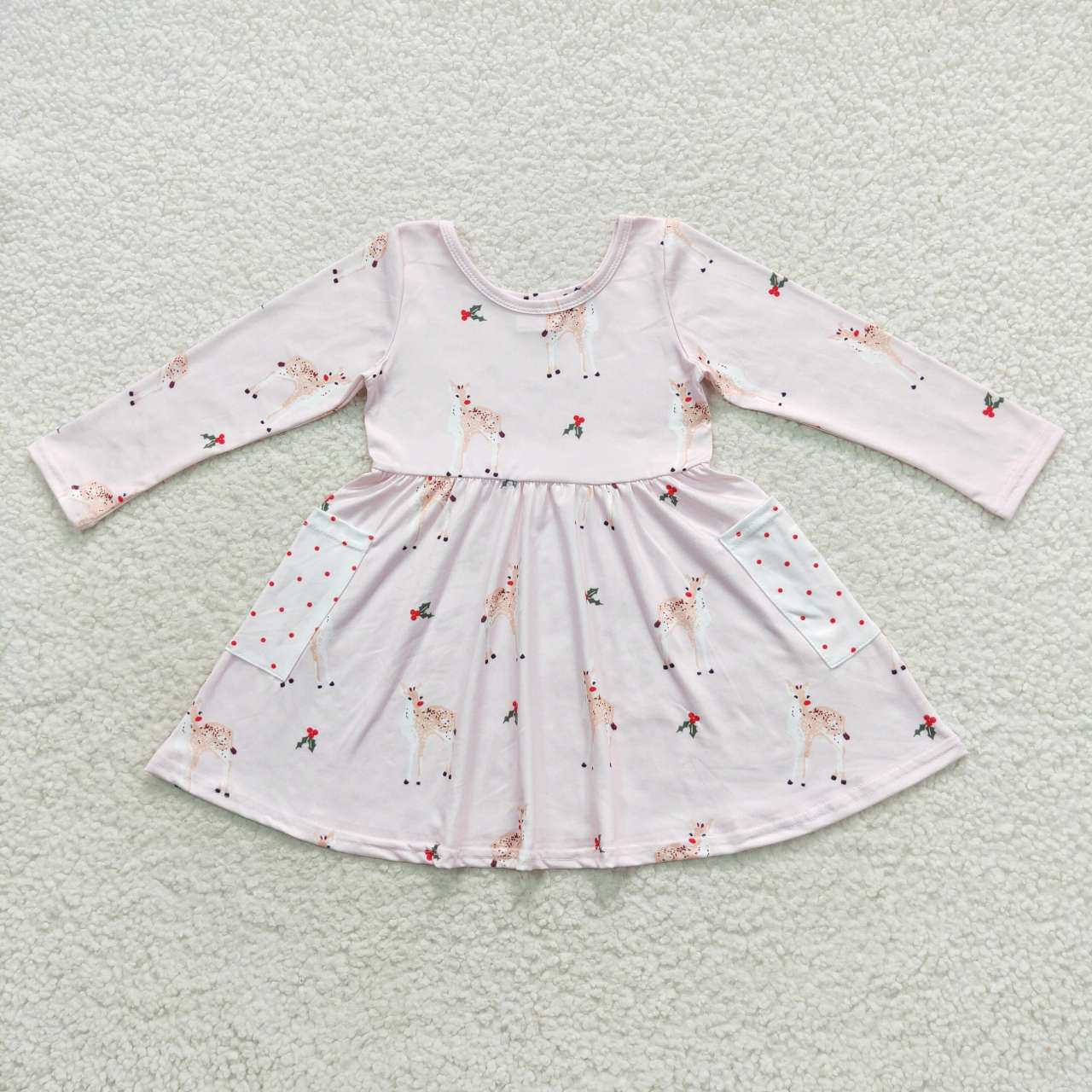 GLD0368 Christmas Pink Deer Cartoon  Girls Long Sleeve Dresses