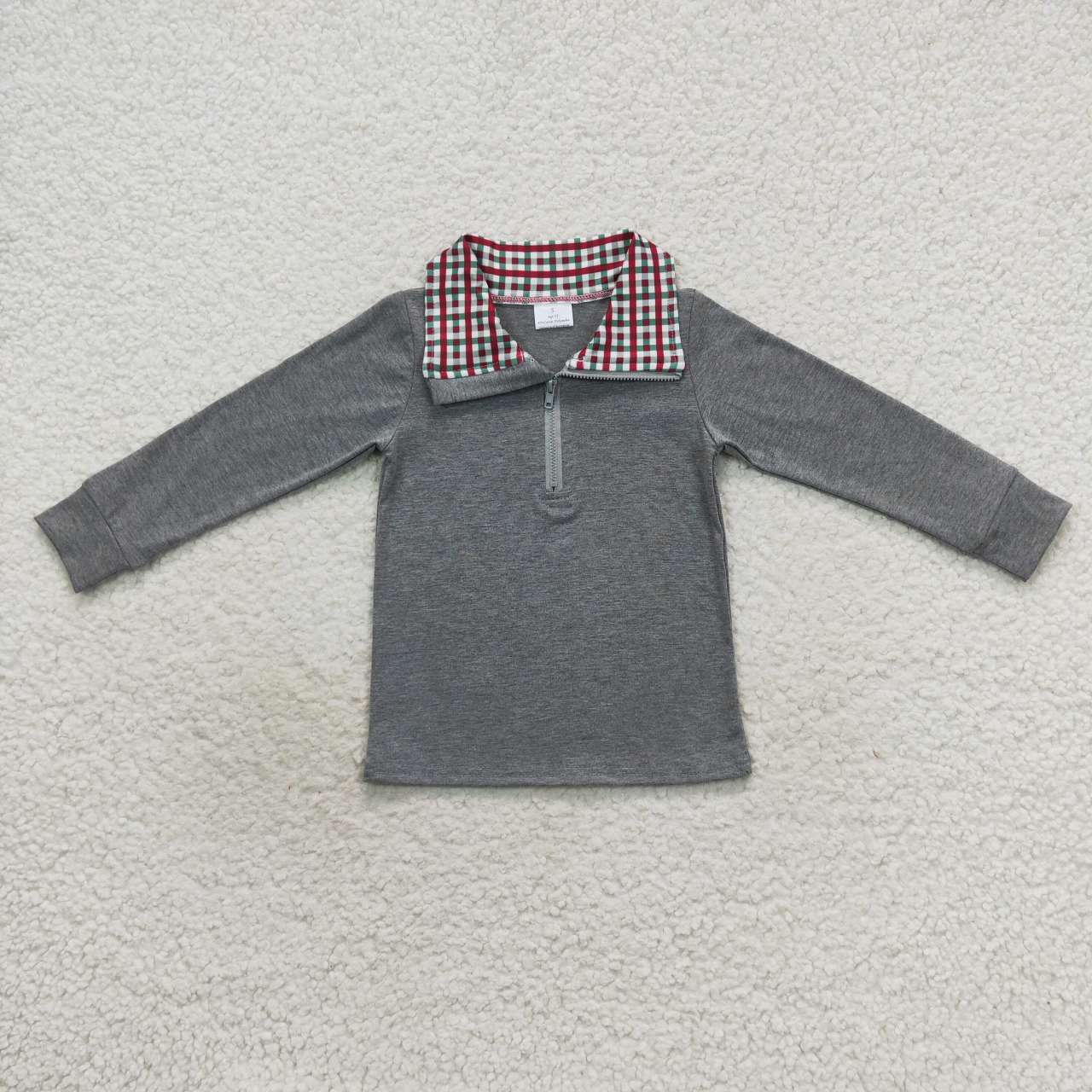 BT0283 Grey Red  Plaid  Winter Boys Long Sleeve Top Collar T-Shirts