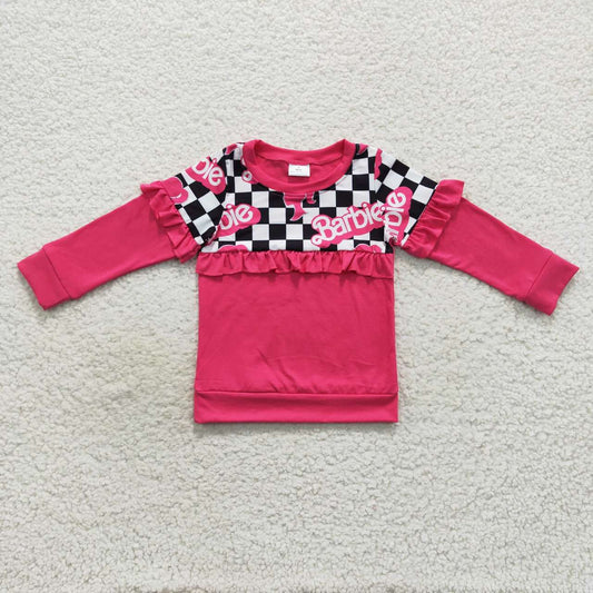 GT0296 Pink B Cartoon   Winter Girls Long Sleeve Top Collar T-Shirts