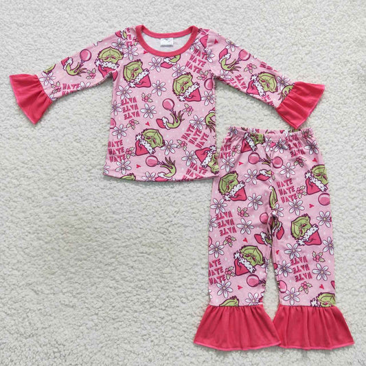 GLP0656 Christmas Pink Green Cartoon Hate Girls Long Sleeve Pants Outfits Pajamas