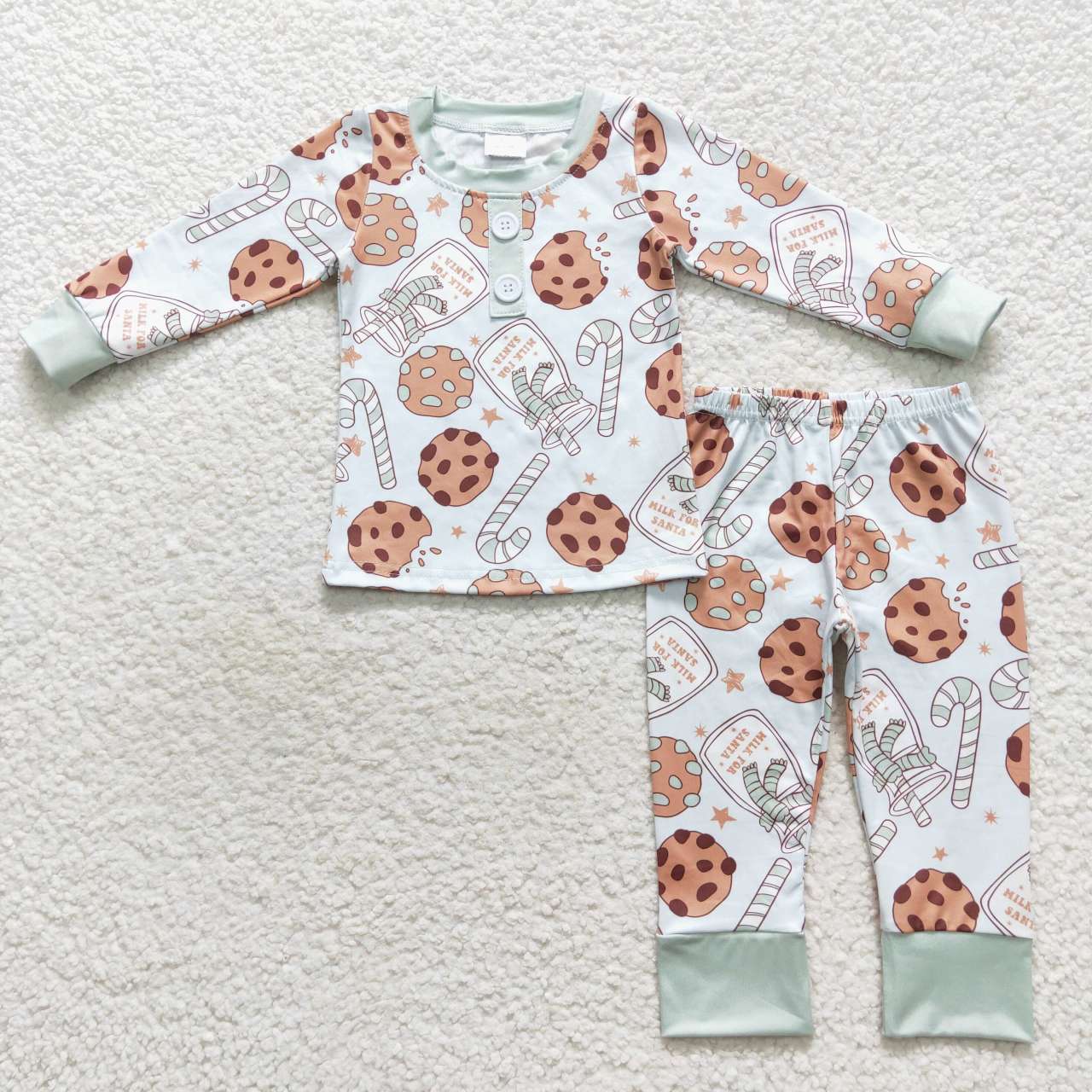 BLP0314   Christmas  Green Cookies Milk  Boys Long Sleeve Pants Outfits Pajamas