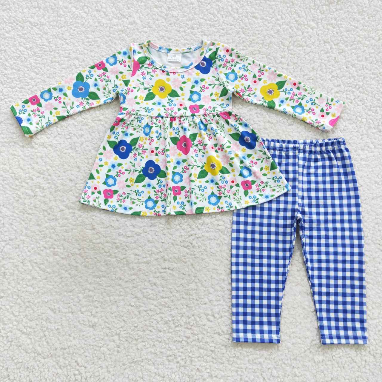 GLP0580 Blue Floral Plaid Girls Long Sleeve Bell Bottom Pants Outfits