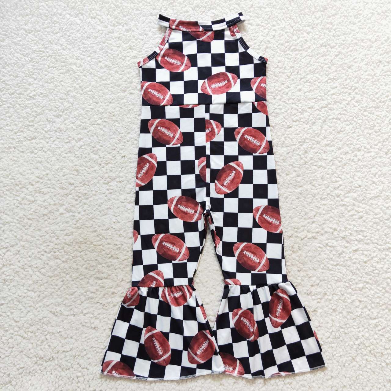 SR0445  Black Plaid Football  Girls Sleeveless Jumpsuit