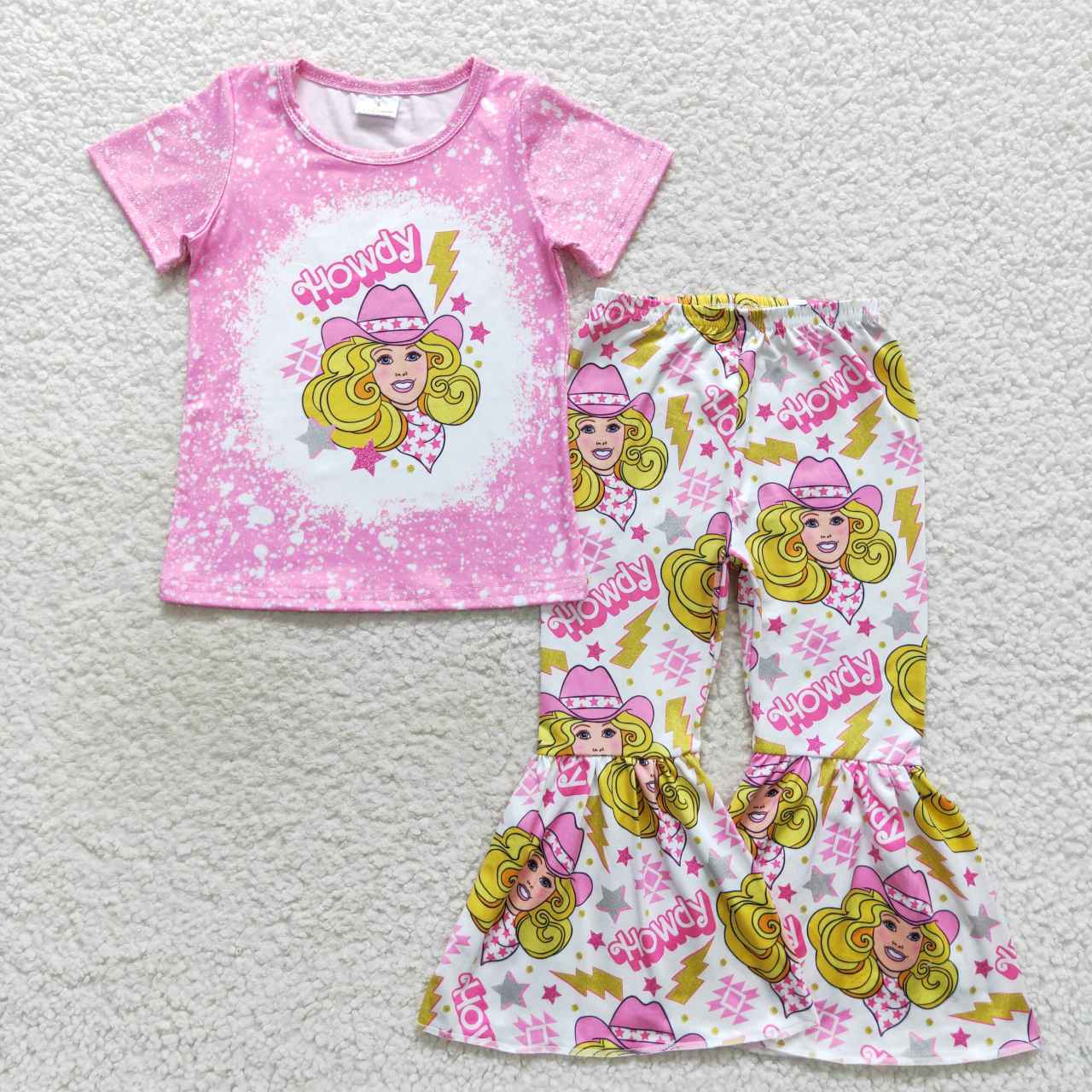 GSPO0801 Pink Yellow Golden Howdy Cowboy Girls Short Sleeve Bell Bottom Pants Outfits