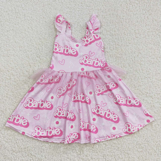 GSD0463 Pink B Cartoon Tulle Tutu Girls Short Sleeve Dresses