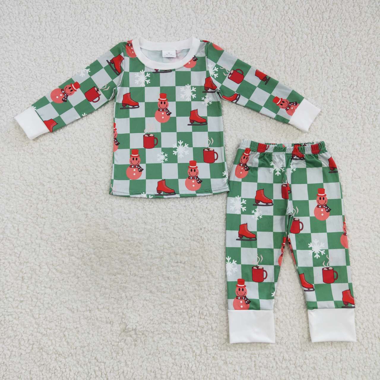 BLP0317   Christmas  Green Plaid Snowman Snow  Boys Long Sleeve Pants Outfits Pajamas