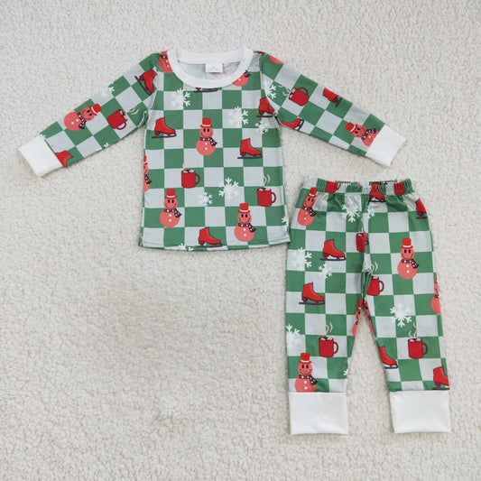 BLP0317   Christmas  Green Plaid Snowman Snow  Boys Long Sleeve Pants Outfits Pajamas