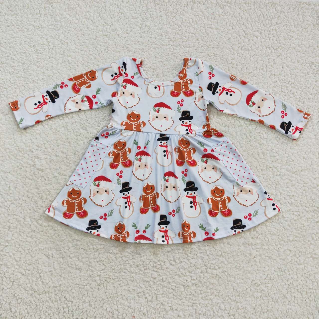 GLD0367 Christmas Red Santa Gingerbread Cartoon  Girls Long Sleeve Dresses