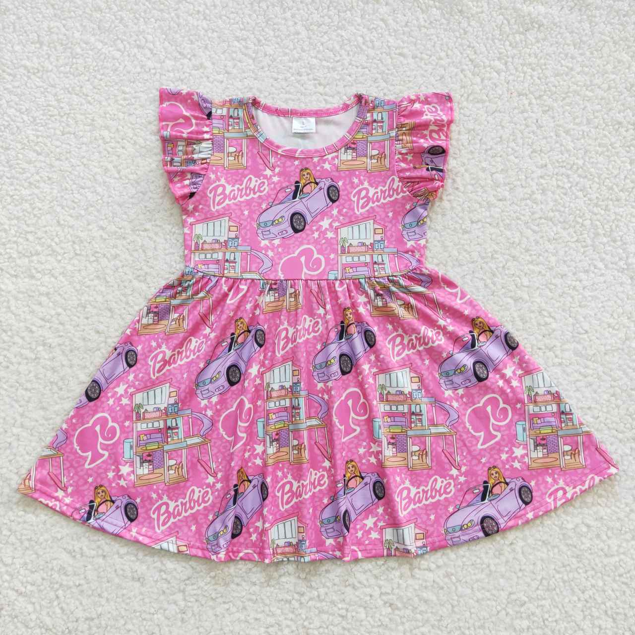 GSD0465   Pink B Cartoon   Girls Short Sleeve Dresses