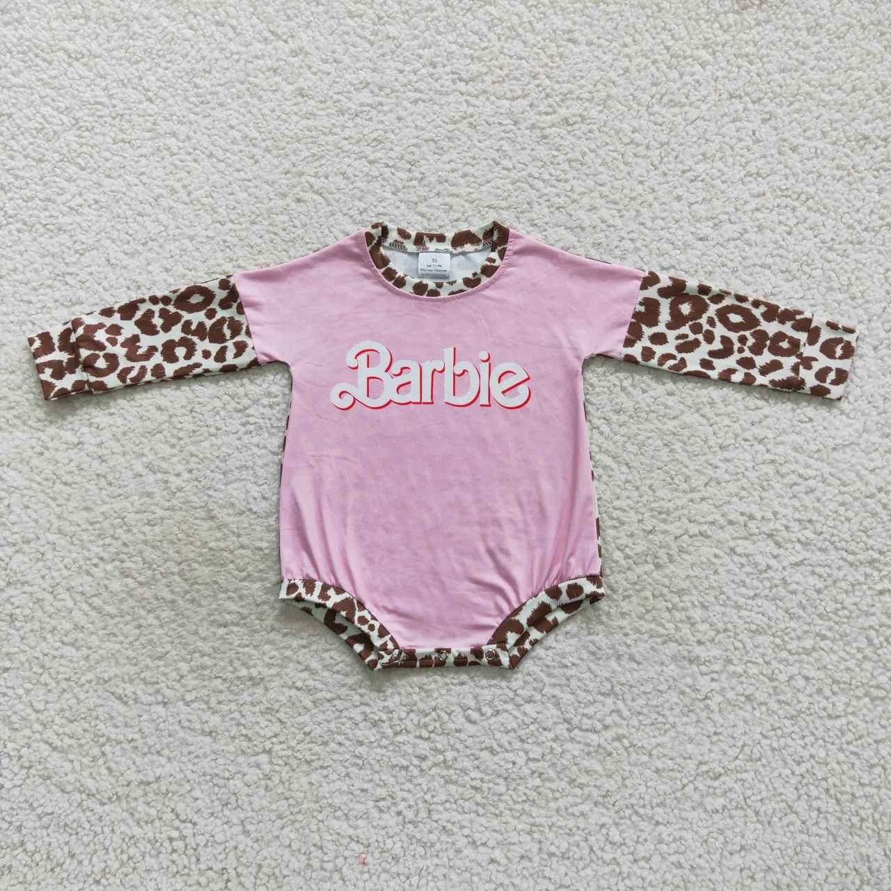 LR0575  Pink  B Cartoon Leopard   Girls Long Sleeve Romper