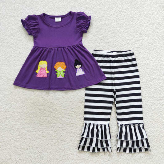 GSPO0834 Halloween Witch Cartoon Purple Embroidery Girls Short Sleeve Pants Outfits