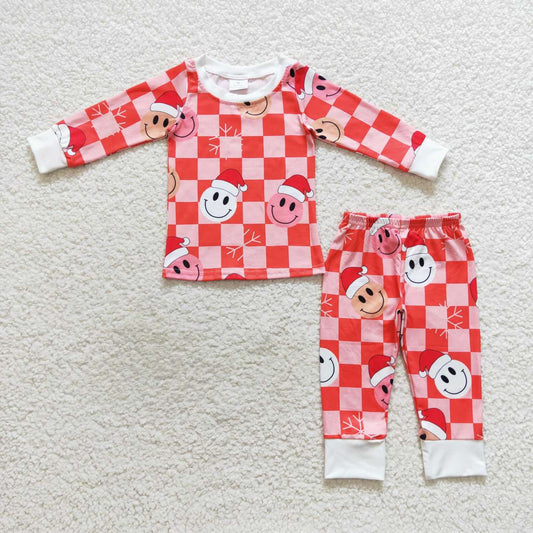 GLP0733 Christmas Red Santa Plaid Girls Long Sleeve Pants Outfits Pajamas