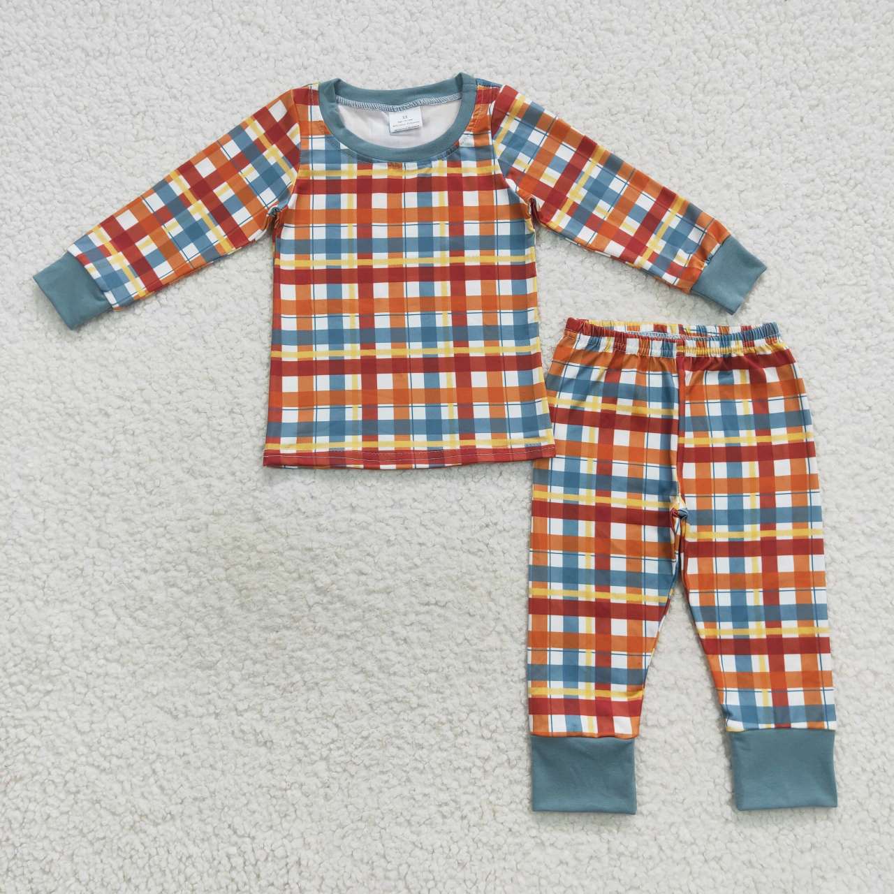 BLP0308  Red Blue Plaid  Boys Long Sleeve Pants Outfits Pajamas