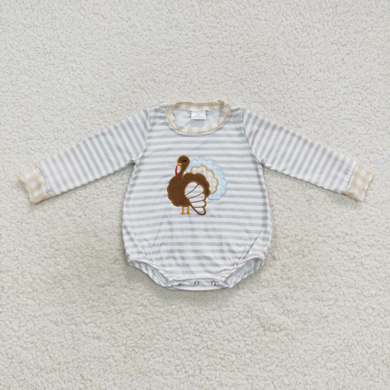 LR0427 Thanksgiving Turkey Green Stripes Embroidery Boys Long Sleeve Romper