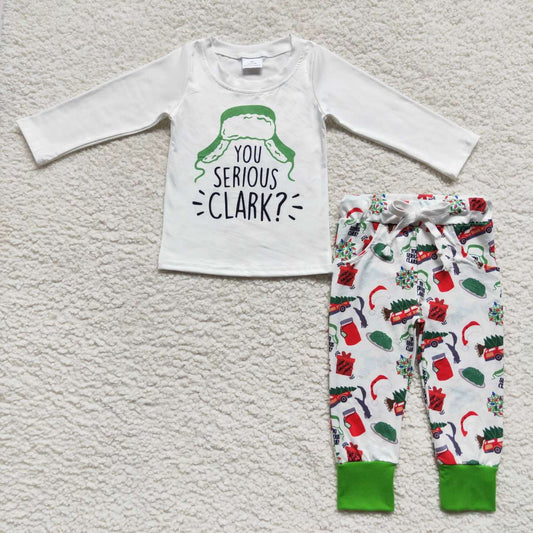 BLP0328   Christmas  Green You Serious Clark  Boys Long Sleeve Pants Outfits