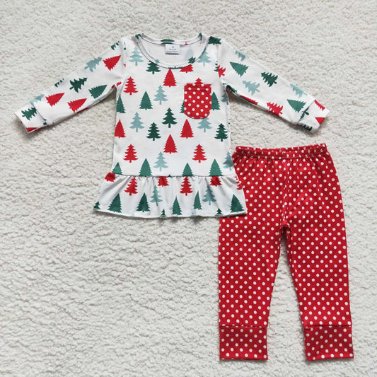 GLP0803 Christmas Red Green Tree Girls Long Sleeve Pants Outfits