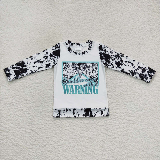 GT0294  Black Blue Cow Print Warning Girls Long Sleeve Top T-shirts