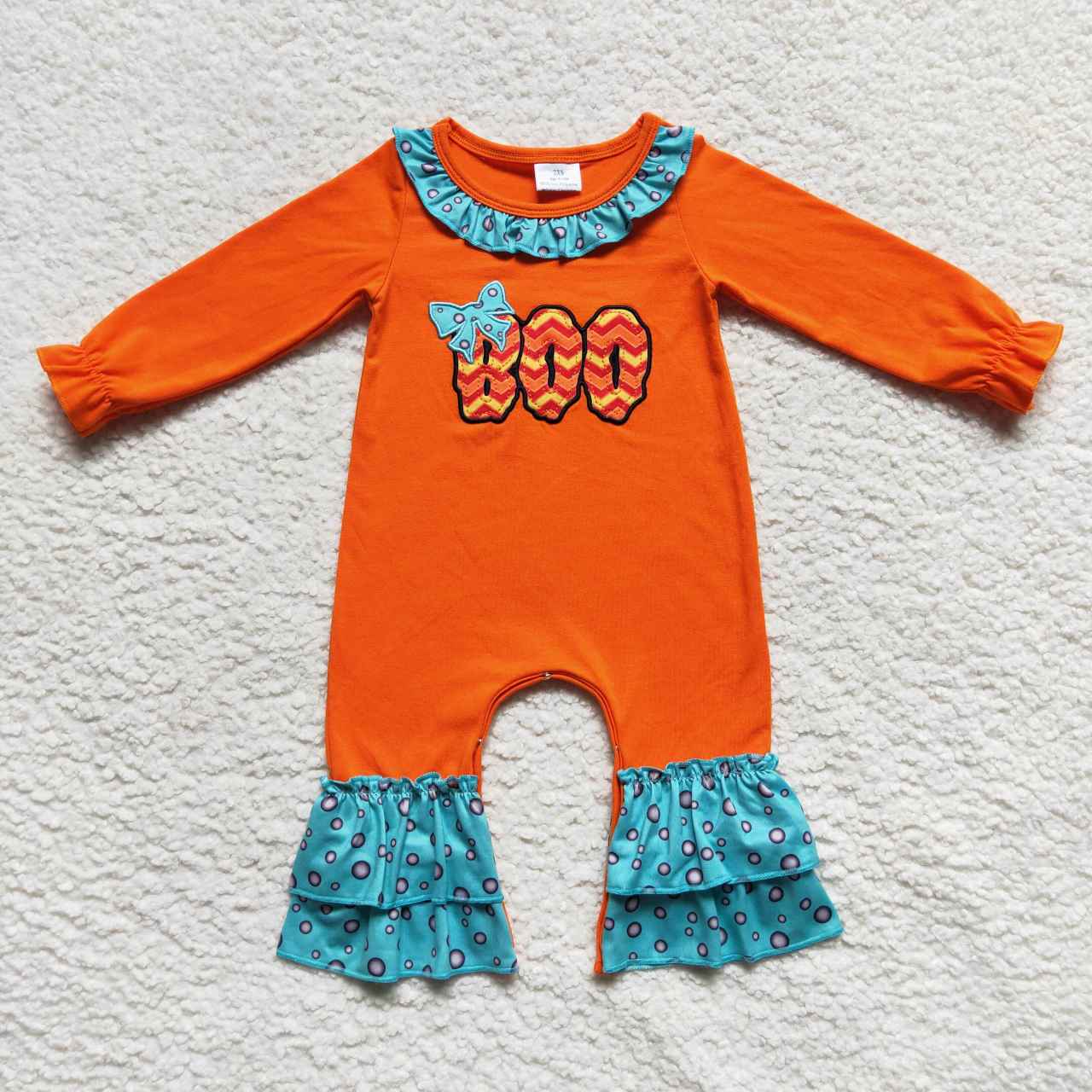 LR0619 Halloween Pumpkin Orange Blue Boo Embroidery Girls Long Sleeve Romper