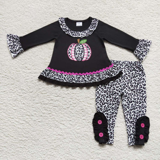 GLP0717 Halloween Pumpkin Black Leoaprd Embroidery Girls Long Sleeve Bell Bottom Pants Outfits