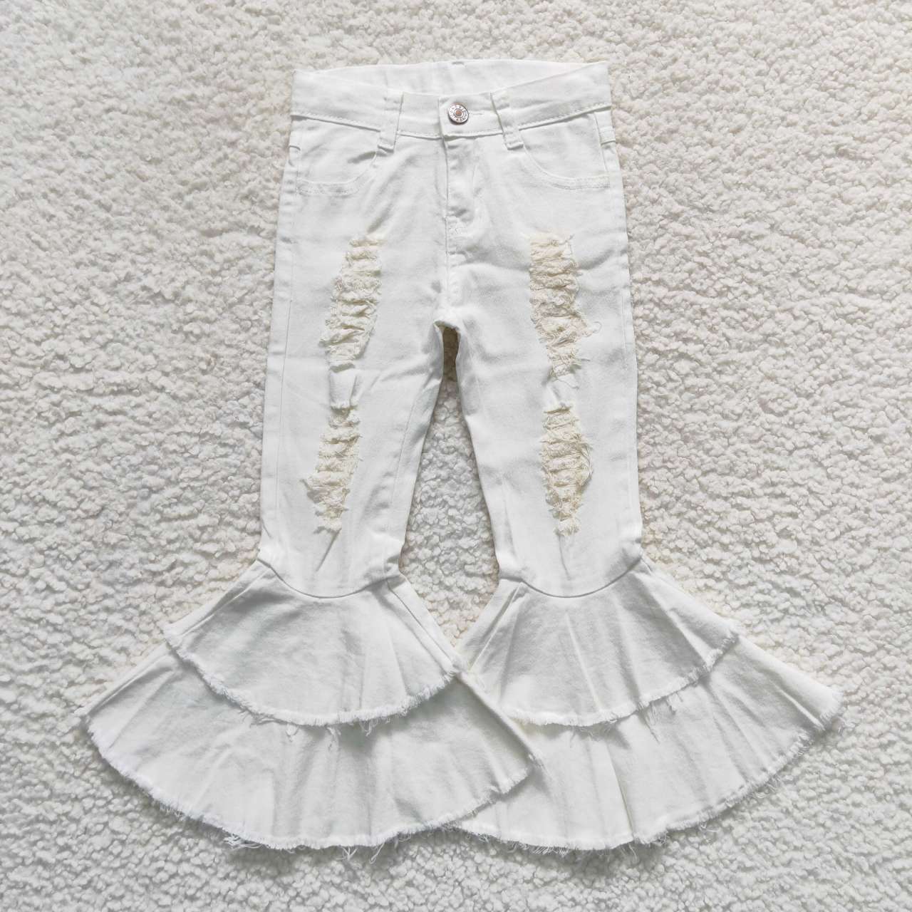 P0129  White Print Double Ruffles Denim Jeans