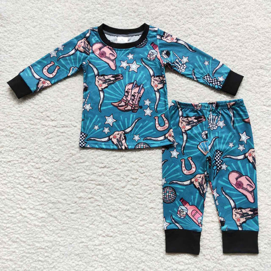 BLP0305 Blue Highland Cow Boots  Boys Long Sleeve Pants Outfits Pajamas