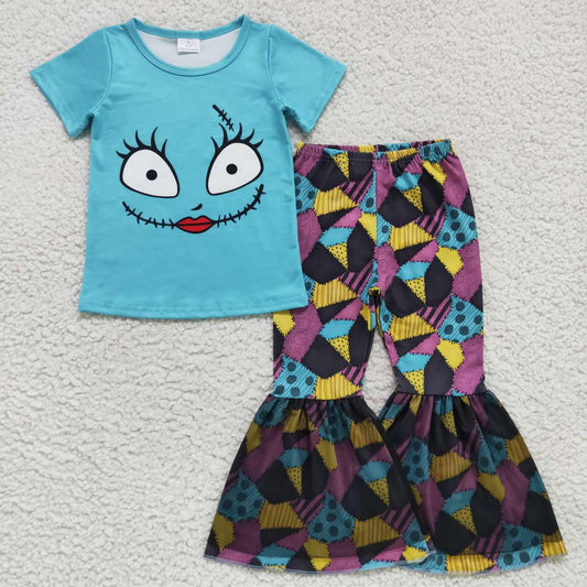 GSPO0821 Halloween Blue Cartoon Tutu Tulle Girls Short Sleeve Bell Bottom Pants Outfits