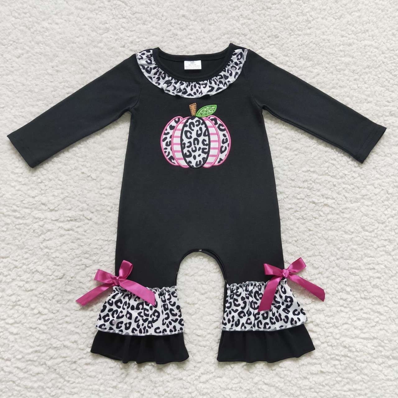 LR0618  Halloween Pumpkin Black Leopard Embroidery Girls Long Sleeve Romper