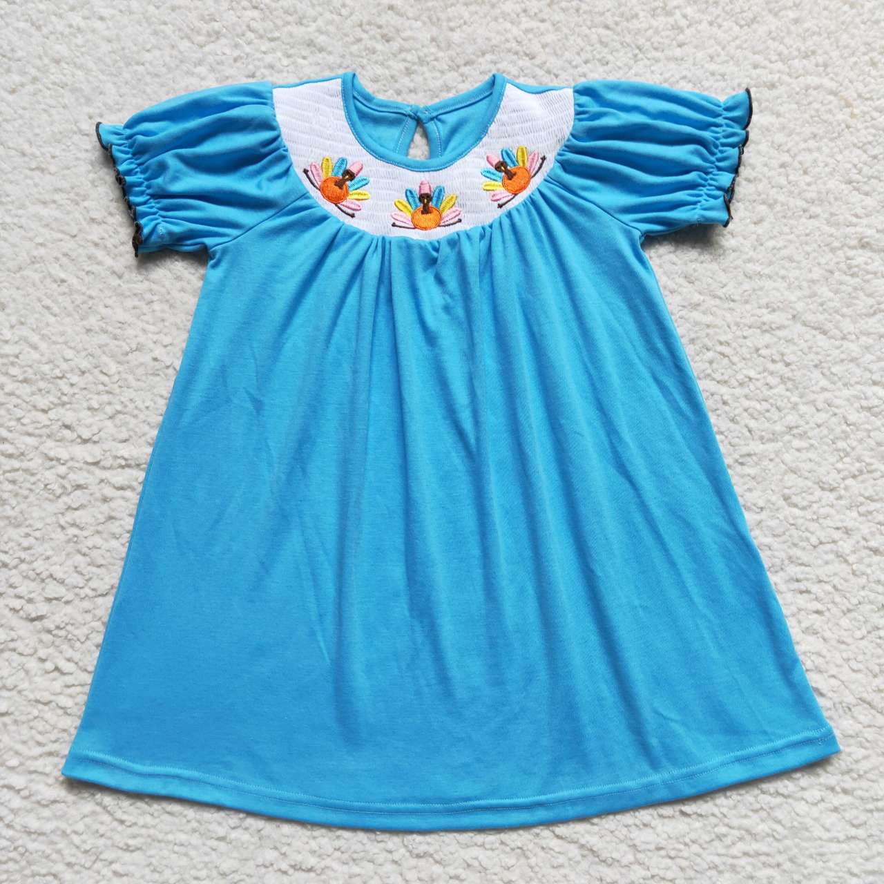 GSD0436 Thanksgiving Turkey Blue Embroidery Girls Short Sleeve Dresses