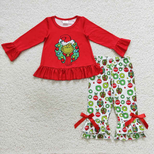 GLP0690  Christmas Green Red Cartoon Girls Long Sleeve Pants Outfits