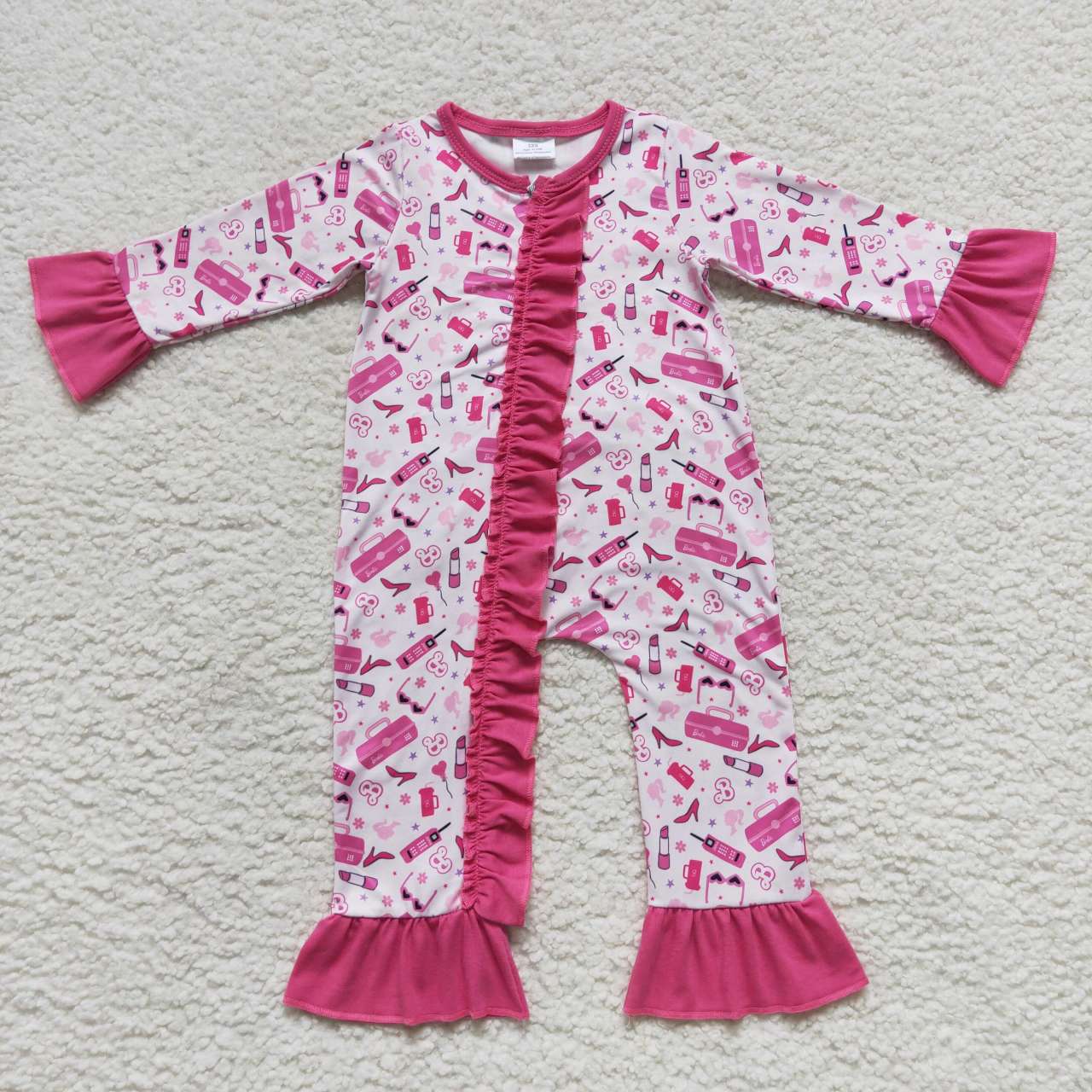 LR0600 Pink B Cartoon  Zipper Girls Long Sleeve Romper