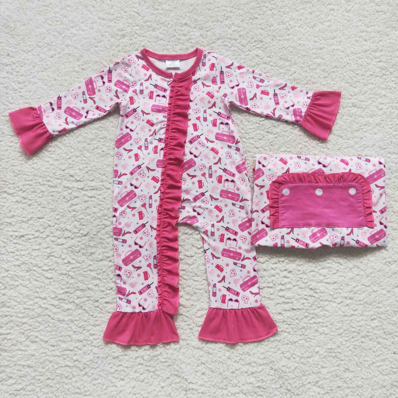 LR0600 Pink B Cartoon  Zipper Girls Long Sleeve Romper