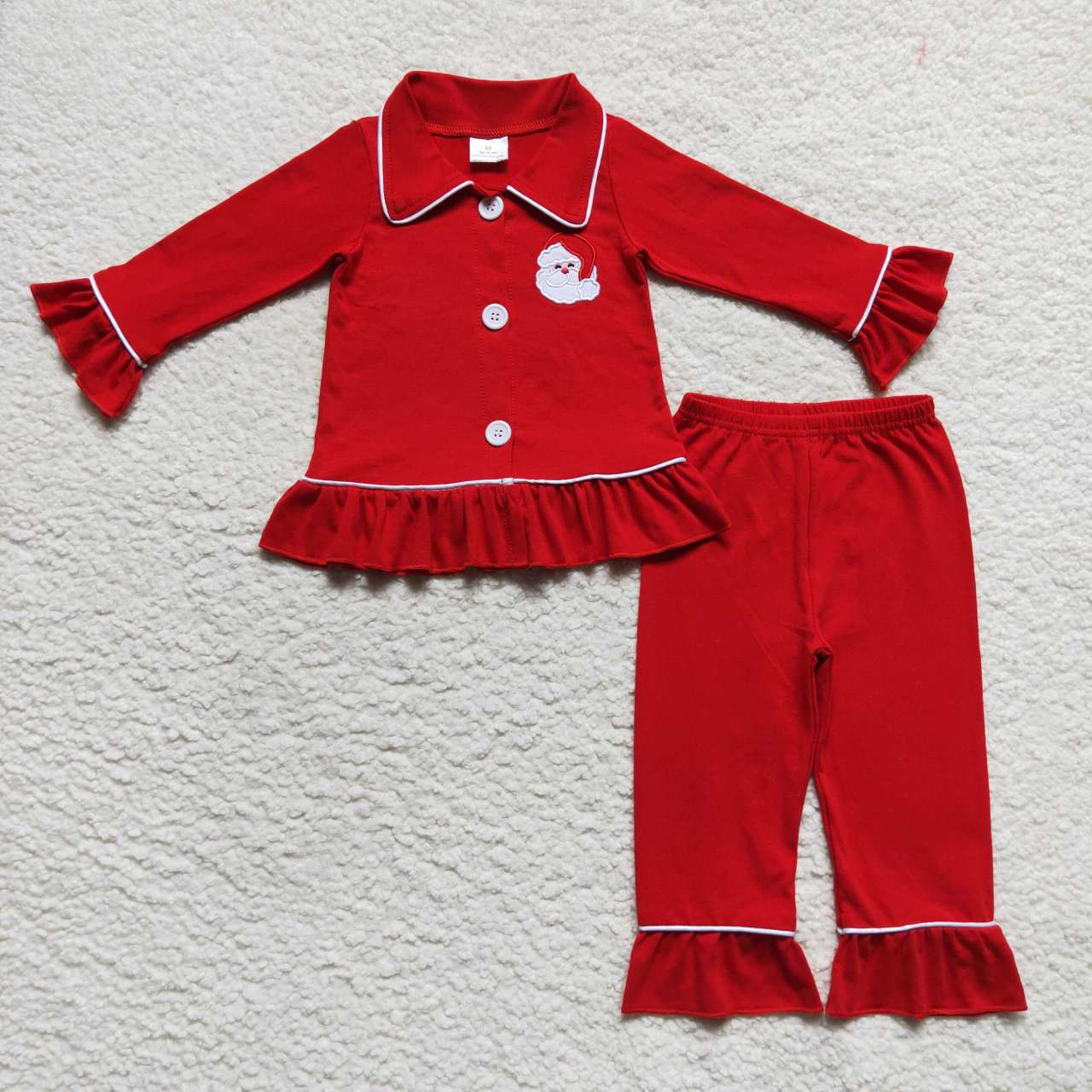 GLP0699  Christmas Red  Santa  Collar Girls Long Sleeve Pajamas