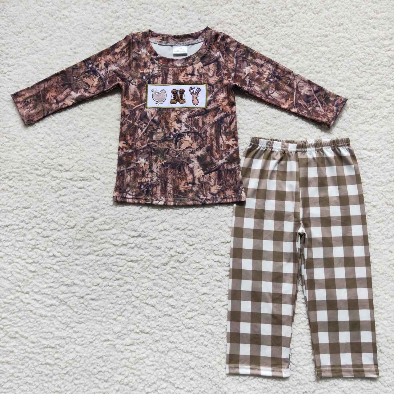 BLP0266 Thanksgiving Turkey Green Camo Hunt Deer Embroidery  Boys Long Sleeve Pants Outfits