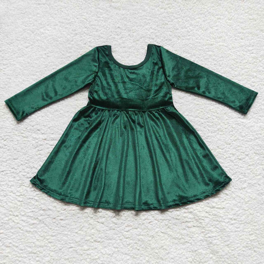 GLD0336 Green  Velvet Girls Flutter Sleeve Dresses