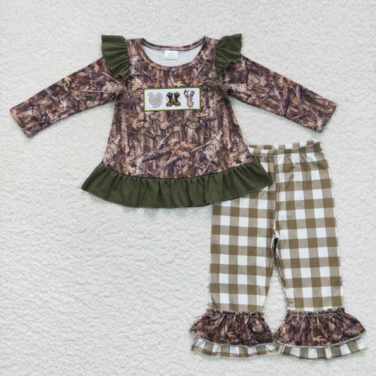 GLP0644 Thanksgiving Turkey Green Camo Hunt Deer Embroidery  Girls Long Sleeve Pants Outfits