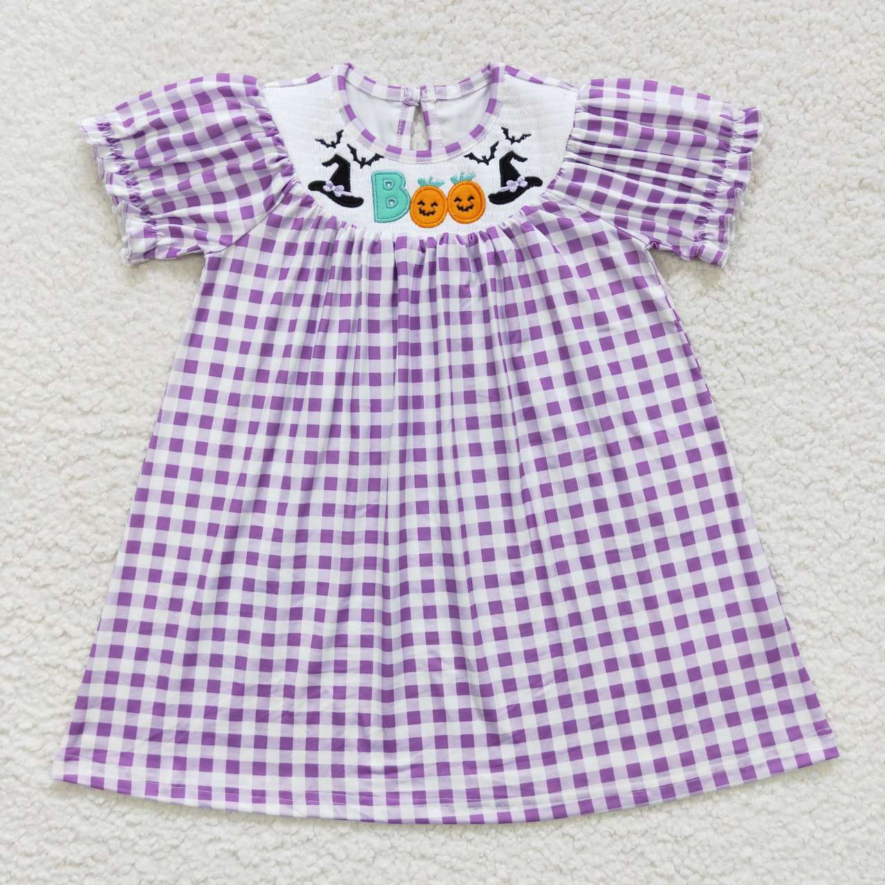 GSD0468  Halloween Purple Boo Embroidery Girls Flutter Sleeve Dresses