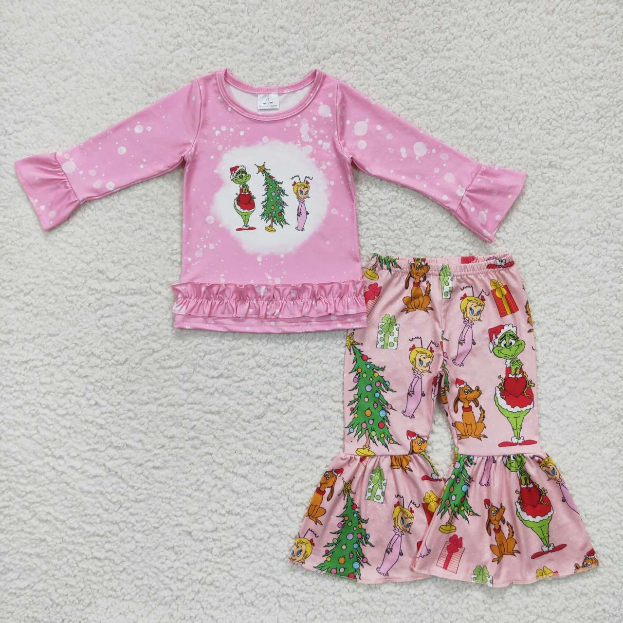 GLP0576  Christmas Green Red Cartoon Pink  Girls Long Sleeve Pants Outfits