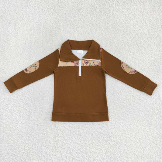 BT0298   Brown Highland Cow  Winter Boys Long Sleeve Top Collar T-Shirts