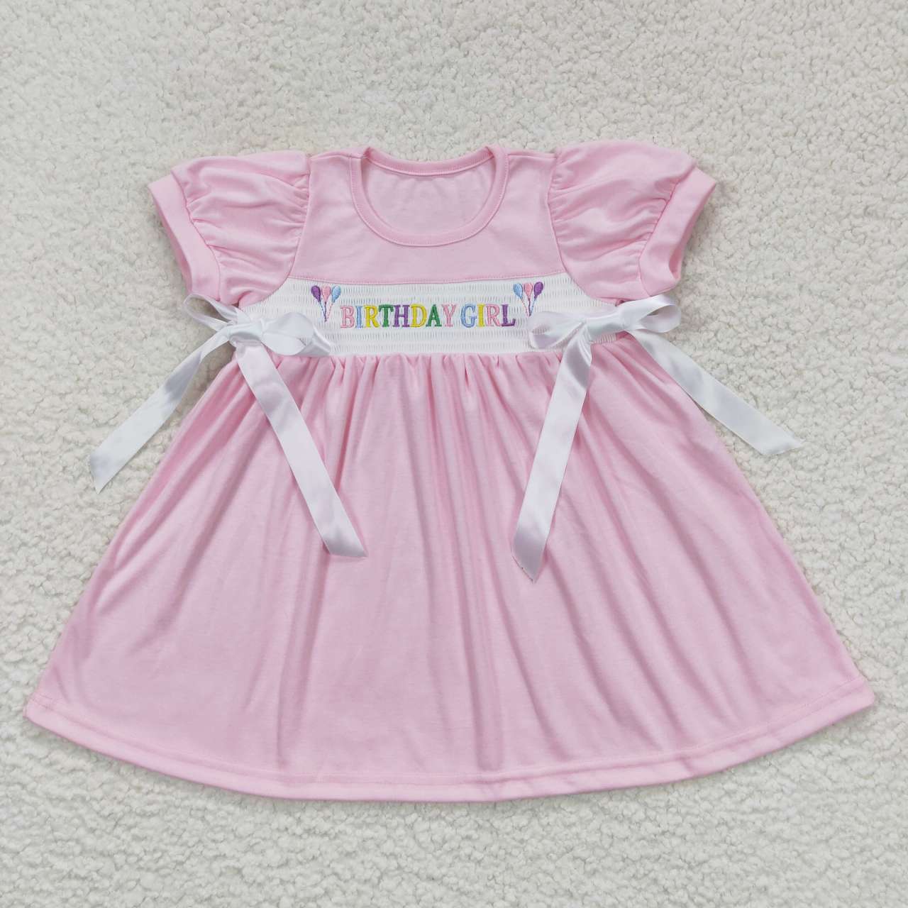 GSD0433   Happy Birthday Pink  Embroidery Girls Flutter Sleeve Dresses